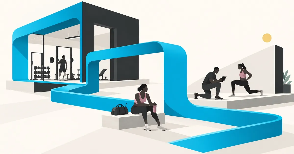 Illustration of a gym, a member resting, and a trainer reviewing a session, connected by a blue path