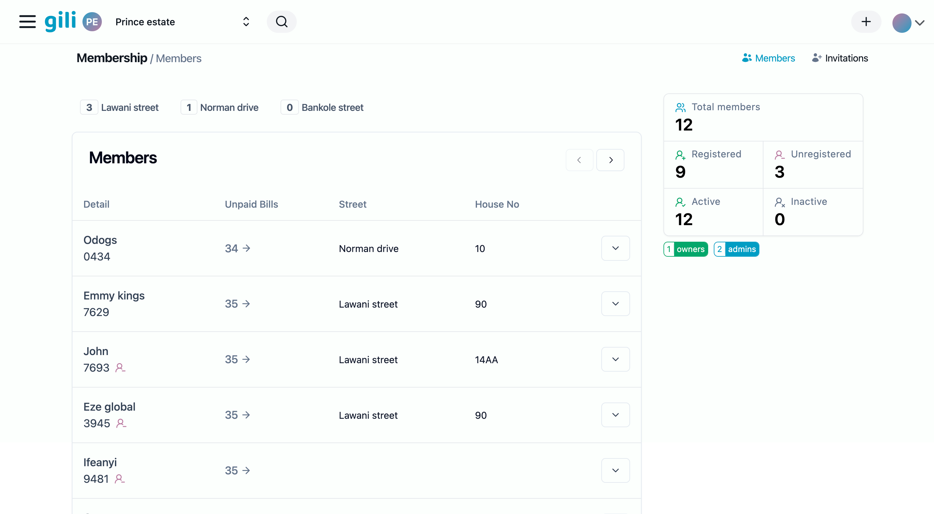 Gili app membership dashboard