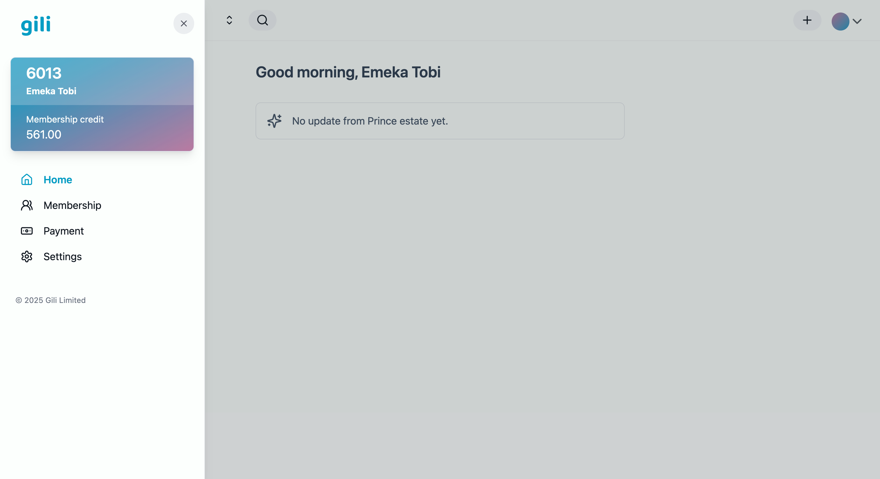 Gili app dashboard with sidebar